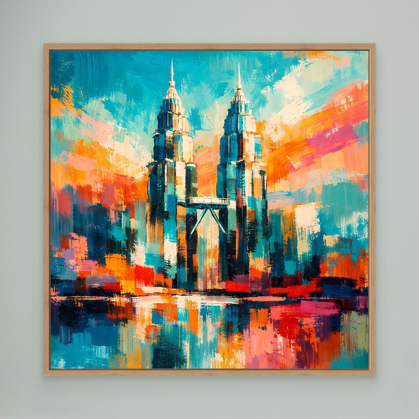 Abstraktes Leinwand-Wandbild mit Eichenholzrahmen: Petronas-Türme in Blau/Orange