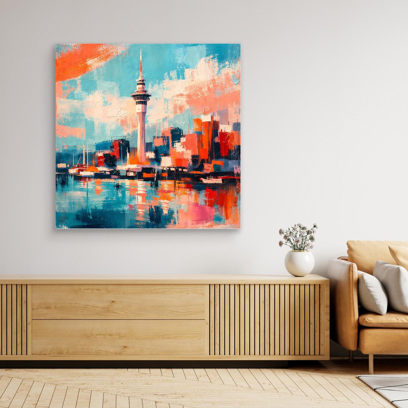 Wandbild mit abstrakter Skyline und Sky Tower, türkis-orange, rechteckig