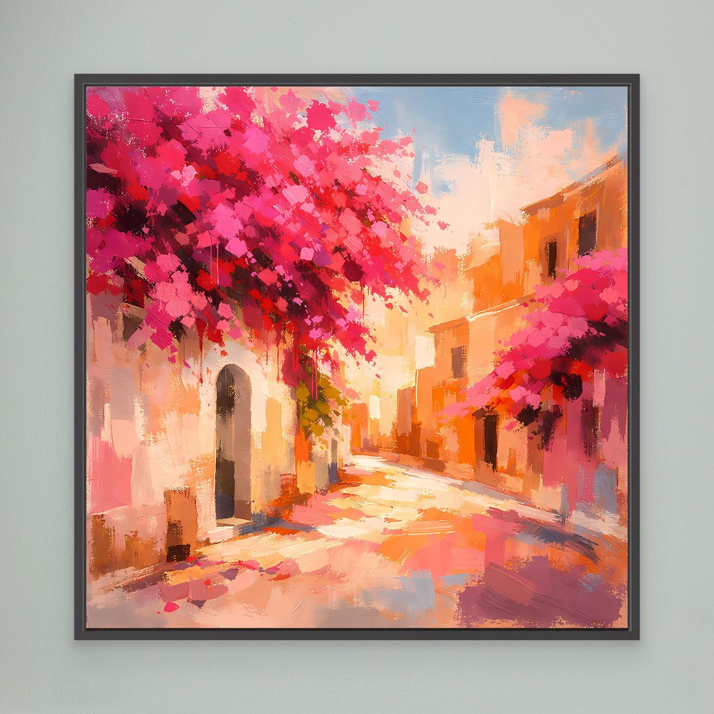 Leinwand Mediterrane Gasse im Blütenrausch | Abstraktes Italien Wandbild
