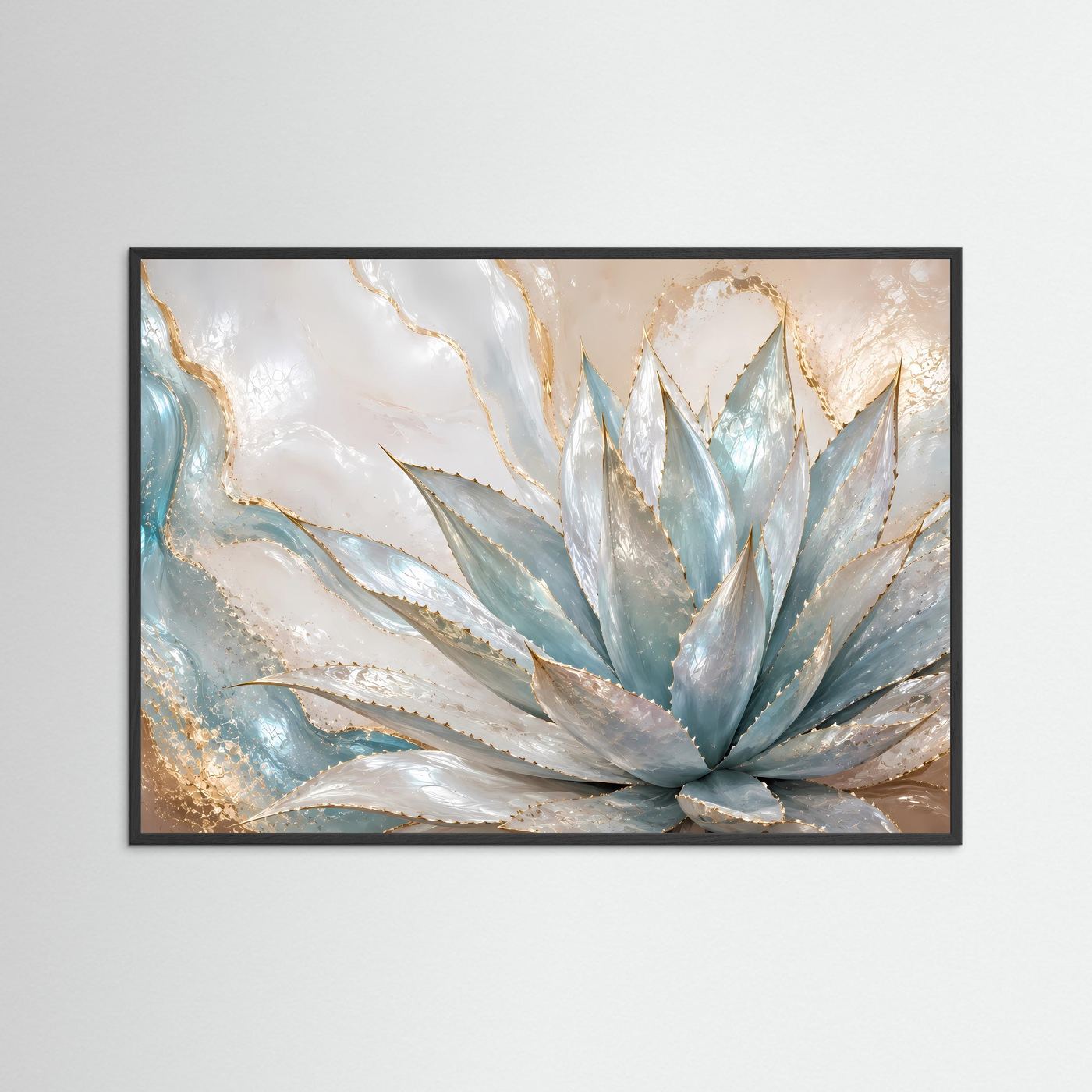 Poster mit abstrakter Agave in Blau, Creme und Perlmutt-Gold im schwarzen Rahmen, Querformat