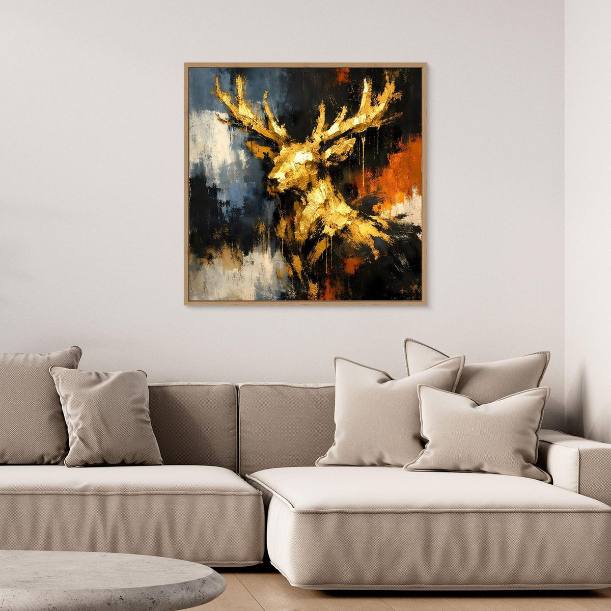 Gerahmtes Leinwand-Wandbild mit goldfarbenem Hirschkopf und Geweih in Blau, Schwarz und Orange