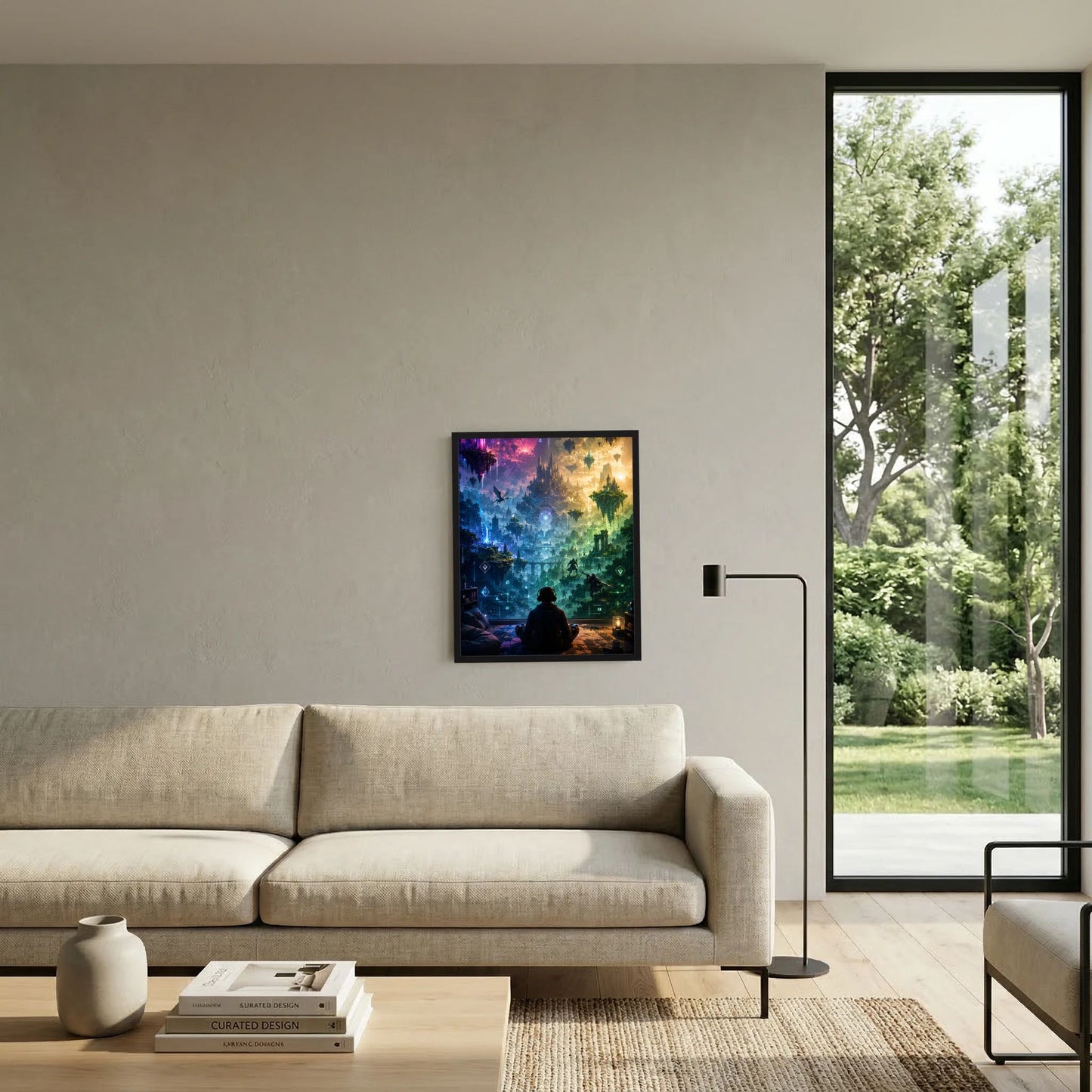 Kunstposter im schwarzen Rahmen über Sofa, Fantasy-Illustration in Blau, Grün und Gelb