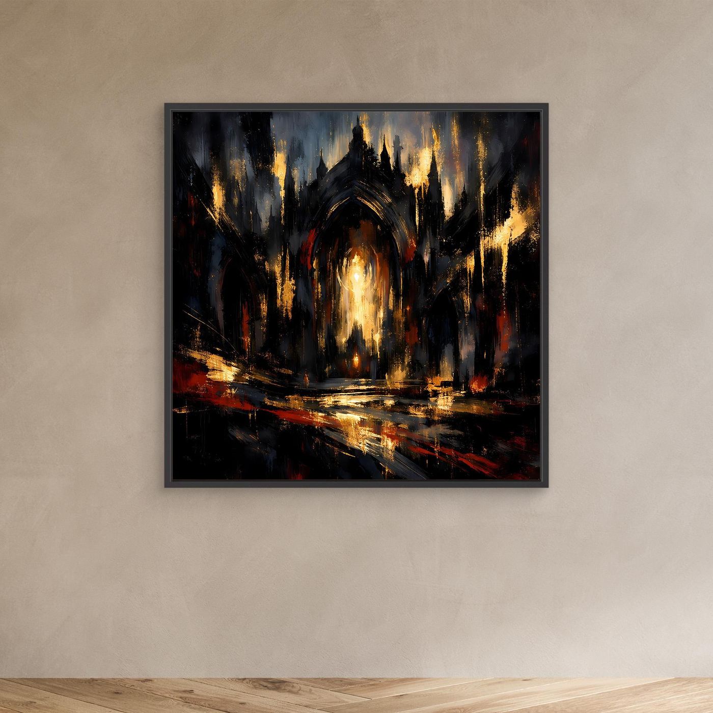 Abstraktes Leinwandbild mit schwarzem Rahmen, gotische Kathedrale dunkel, Gold und Rot.