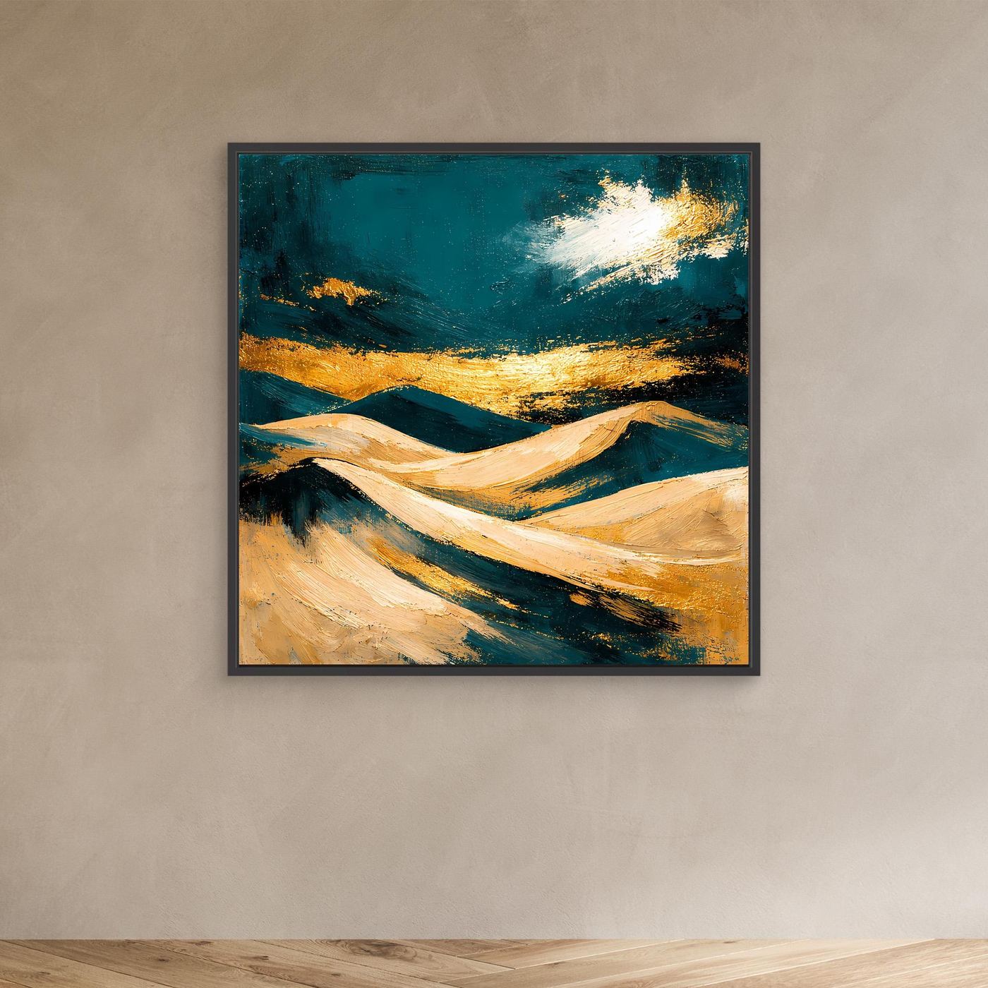 Gerahmtes Leinwand-Wandbild mit Dünen, Petrol, Beige und Gold, schwarzer Rahmen