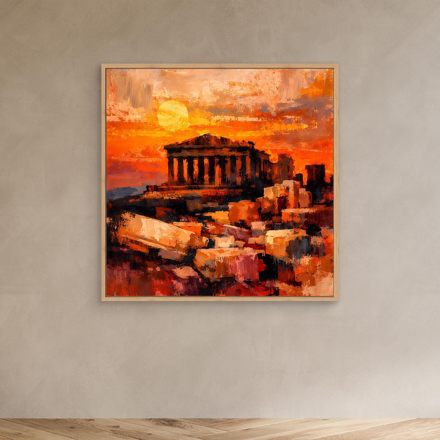 Leinwandbild Akropolis im Sonnenuntergang, orange-rote Farbgebung, mit Rahmen