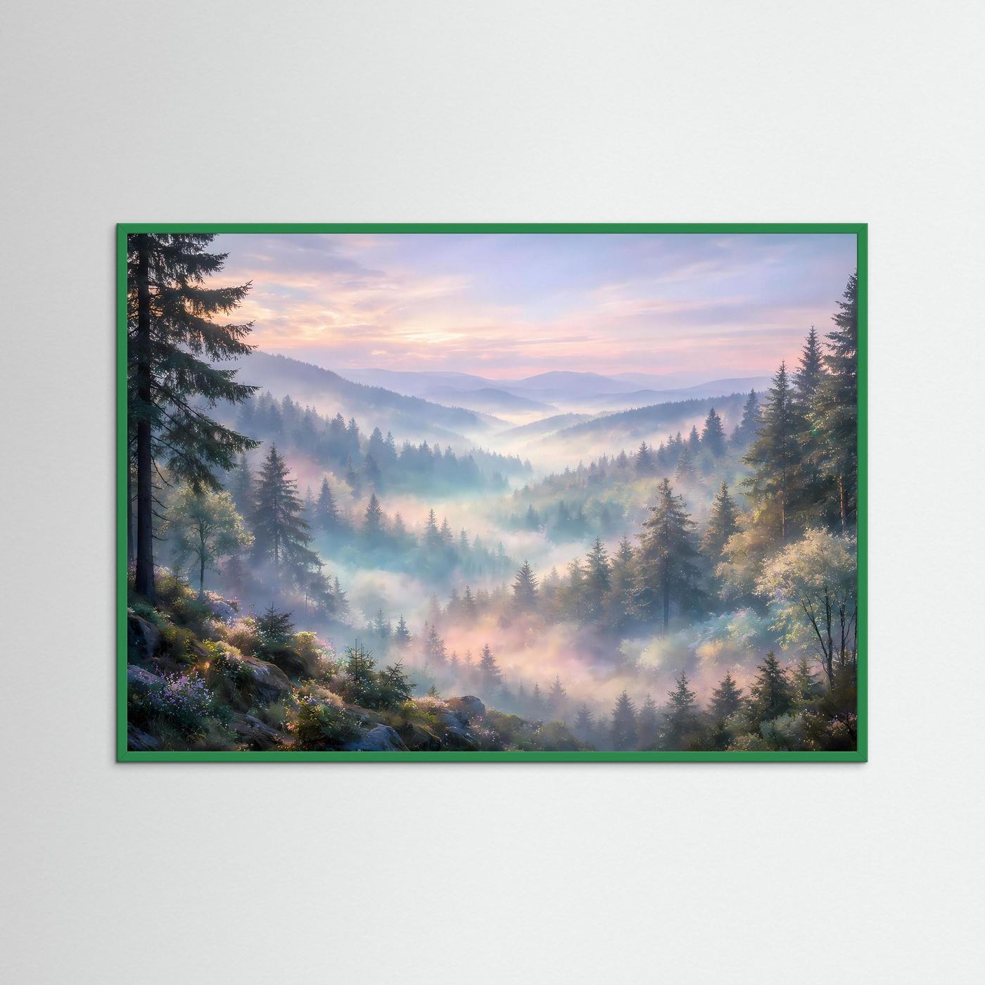 Wandposter mit Berglandschaft im Nebeltal, grüner Rahmen