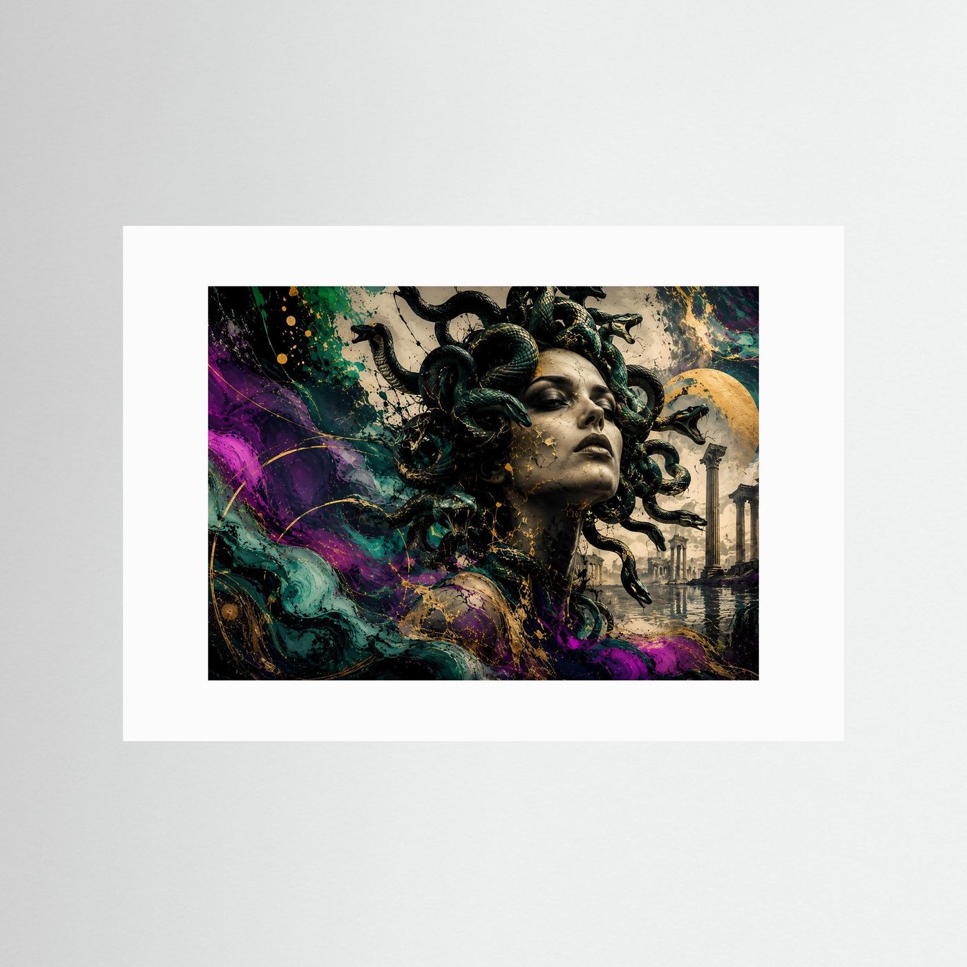 Medusa Wandbild Abstrakt | Mythologie Kunst mit Schlangen | Moderne Gorgone Wall Art | Griechische Antike Fantasy Poster | Luxus Leinwand Gold Akzente