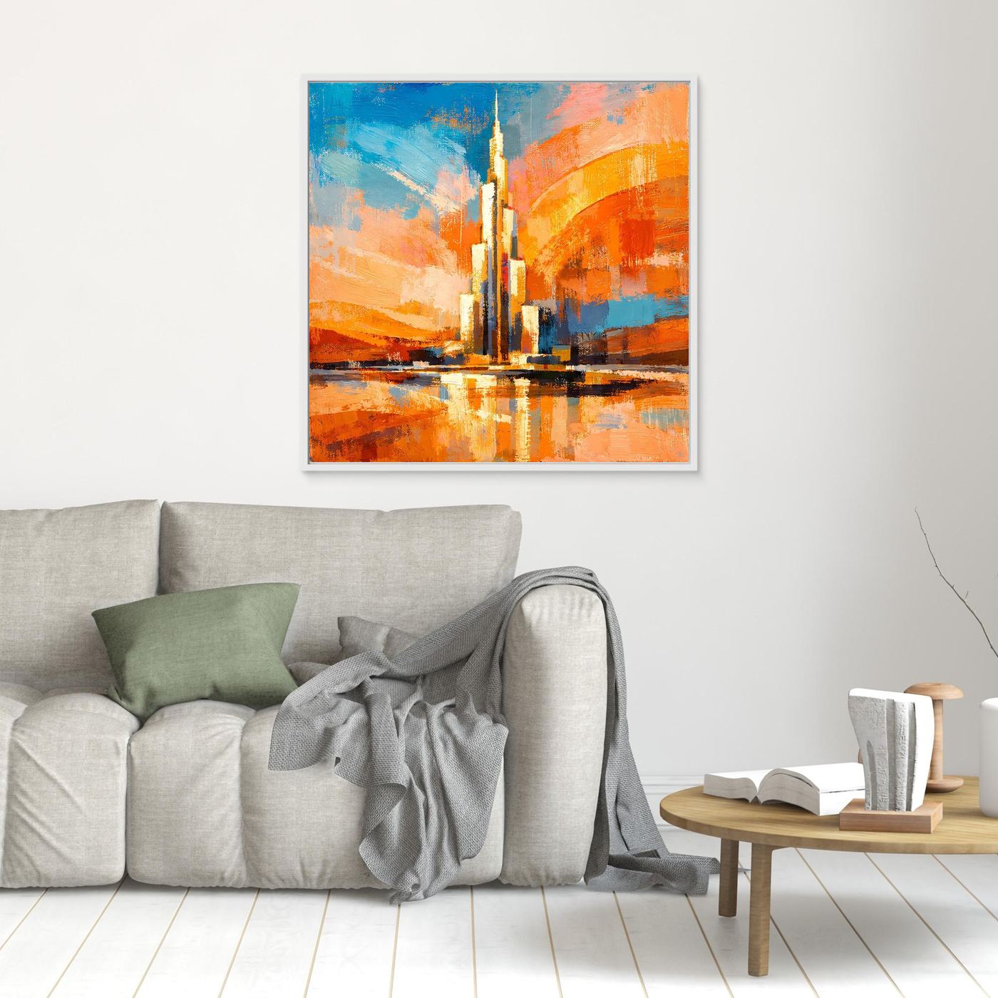 Leinwandbild mit abstraktem Burj-Khalifa-Motiv und Spiegelung, weißer Rahmen