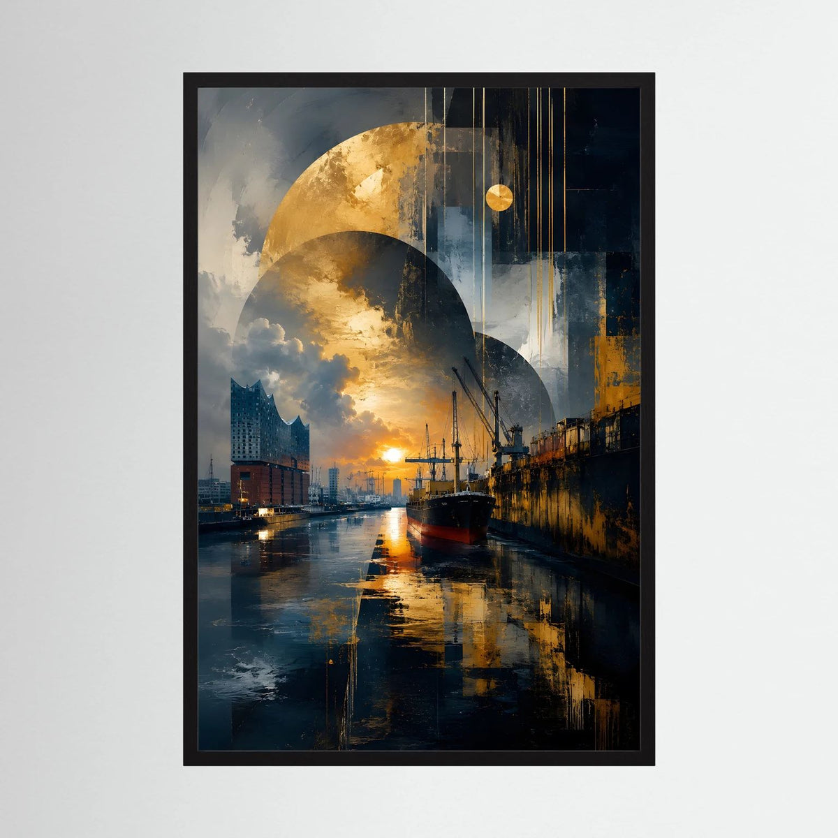 Poster im Hochformat mit abstraktem Hafenmotiv in Gold und Dunkelblau, schwarze Umrandung