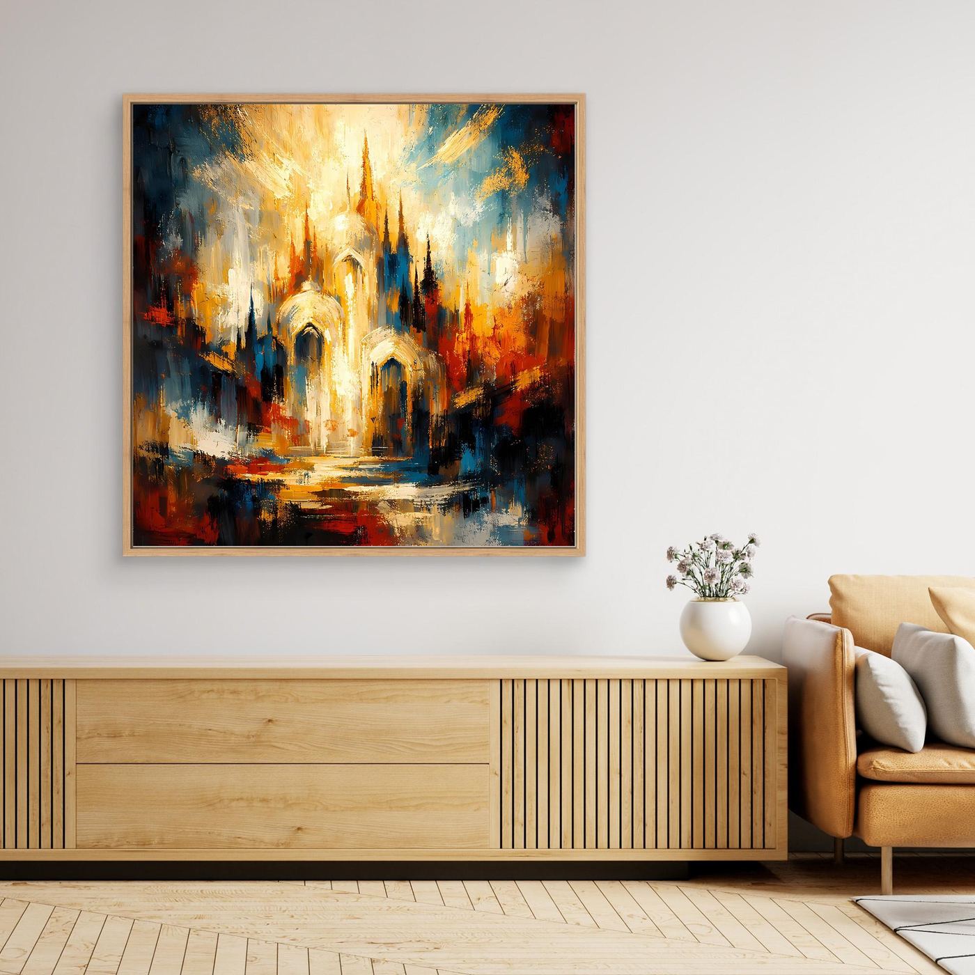 Leinwandbild abstrakte Kathedrale mit goldenem Licht, helle Holzrahmung