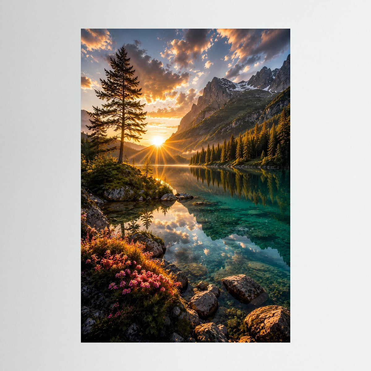 Bergsee im Sonnenuntergang | Alpenlandschaft mit Spiegelung | Poster Hochformat