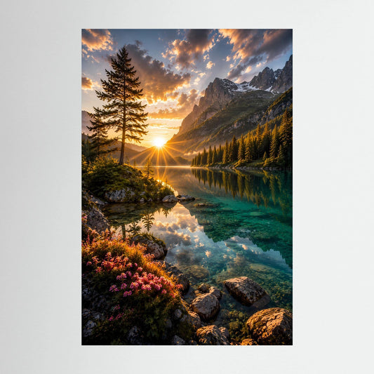 Bergsee im Sonnenuntergang | Alpenlandschaft mit Spiegelung | Poster Hochformat