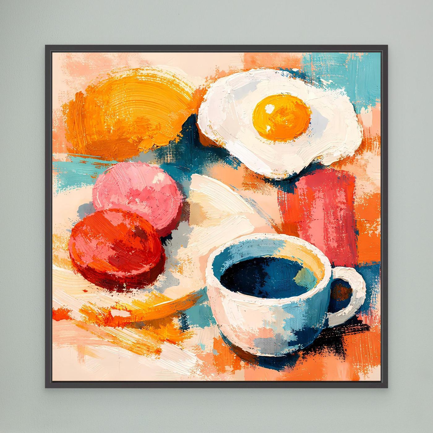 Gerahmtes abstraktes Wandbild mit Spiegelei und Kaffeetasse, Farbflächen in Orange, Rot und Blau