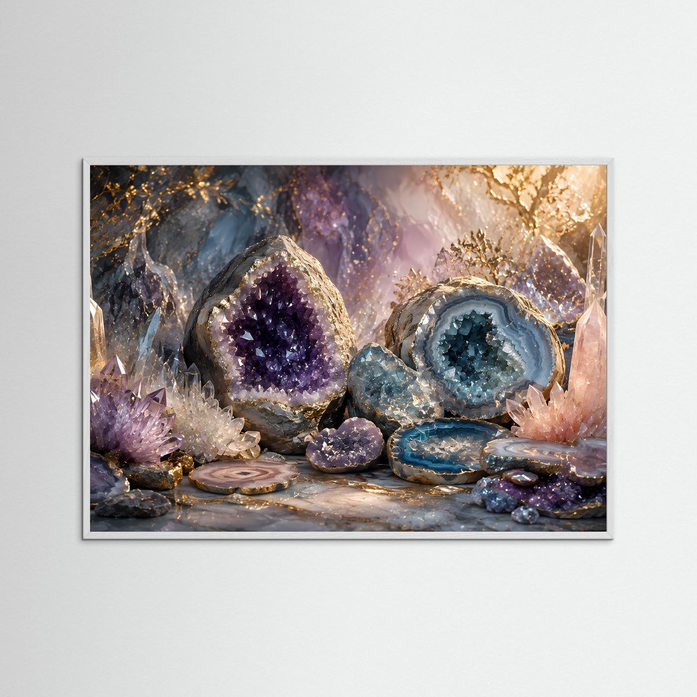 Mineralien-Poster im weißen Holzrahmen, Amethyst- und Achatkristalle violett-blau