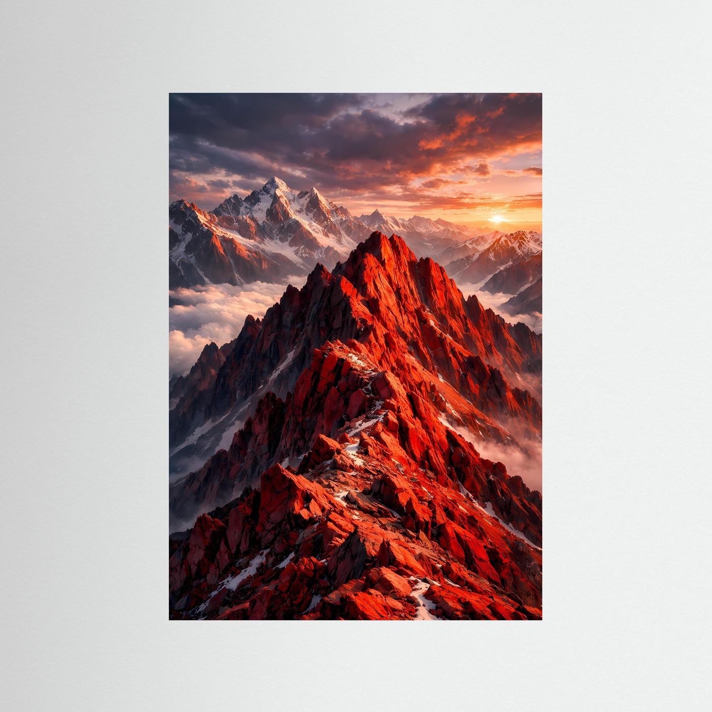Bergposter im Hochformat: rote Gipfel und dramatischer Sonnenuntergang mit Wolken