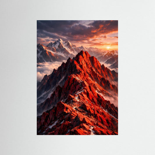 Bergposter im Hochformat: rote Gipfel und dramatischer Sonnenuntergang mit Wolken
