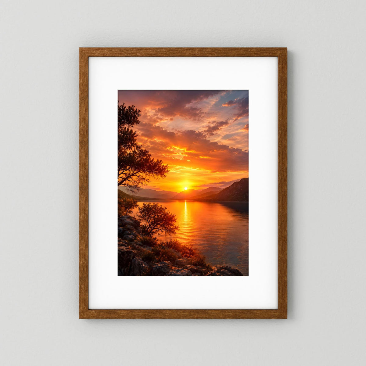 Hochformat-Poster Sonnenuntergang am Bergsee, dunkler Holzrahmen mit weißem Rand