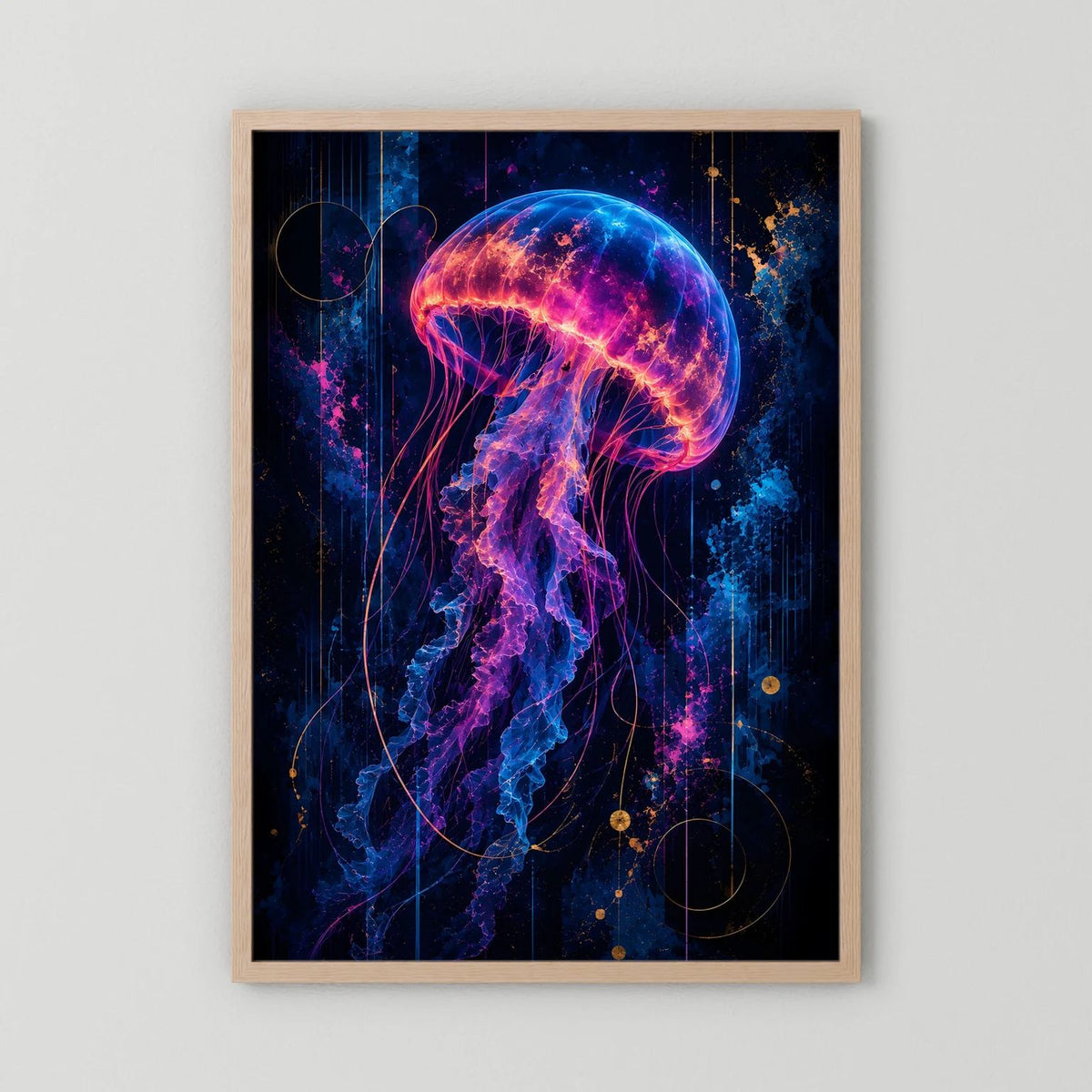 Leuchtendes Quallenposter mit neonfarbener Qualle in Pink, Blau und Gold, Holzrahmen natur