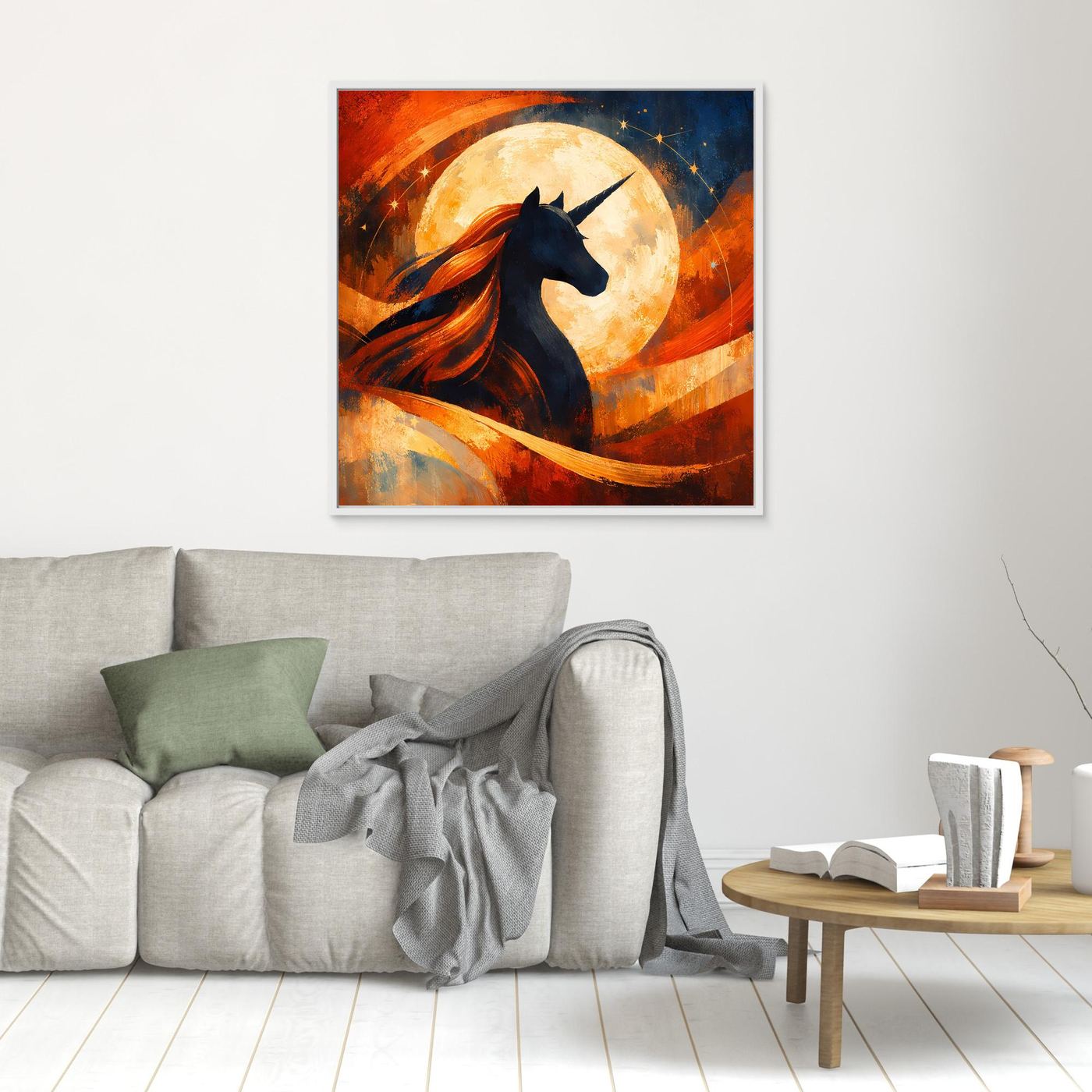 Kleines Leinwandbild mit Einhorn vor Vollmond, abstrakte Rot-Orange und Blauflächen