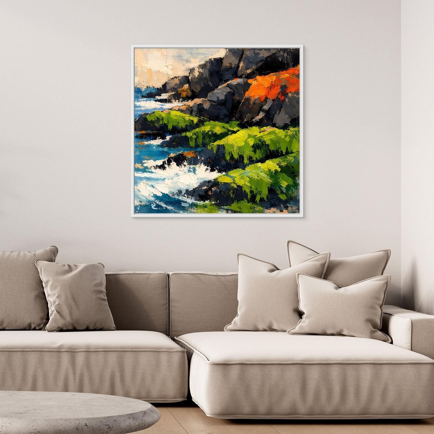 Abstraktes Küstenlandschaft-Wandbild mit weißem Schaum, tiefem Blau und leuchtend grünen Flächen