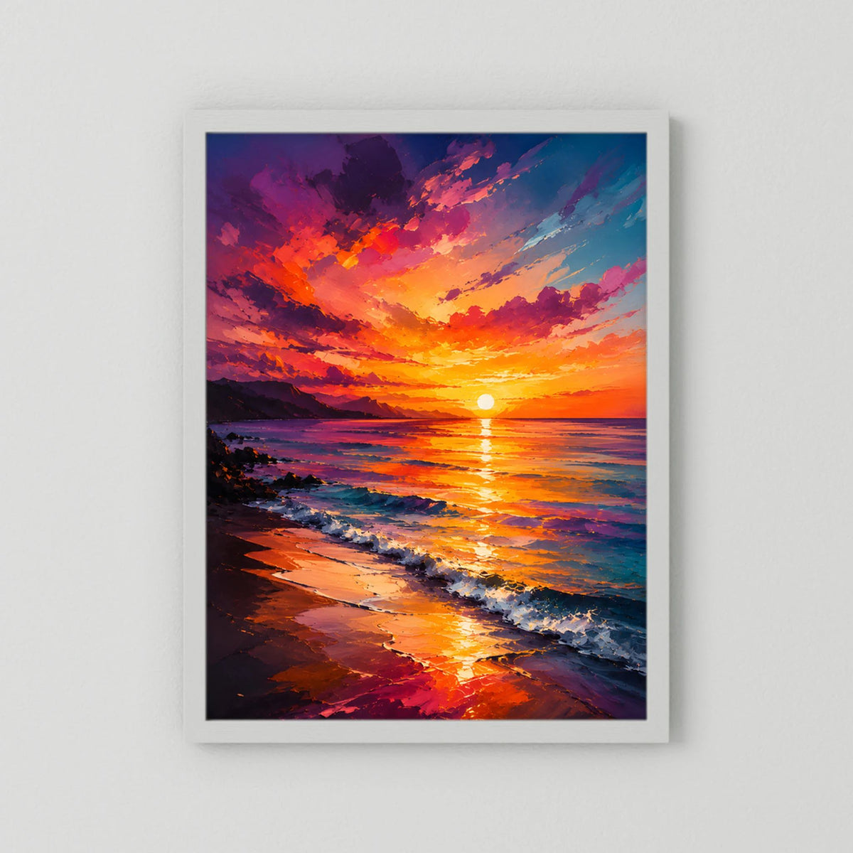 Kunstposter Sonnenuntergang am Meer mit farbigem Strandbild, weißer Rahmen, Hochformat