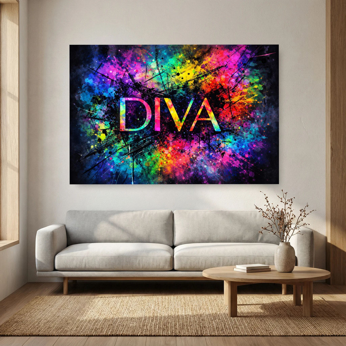 Abstraktes Wandbild mit schwarzem Rahmen: DIVA-Schriftzug in bunten Spritzfarben.