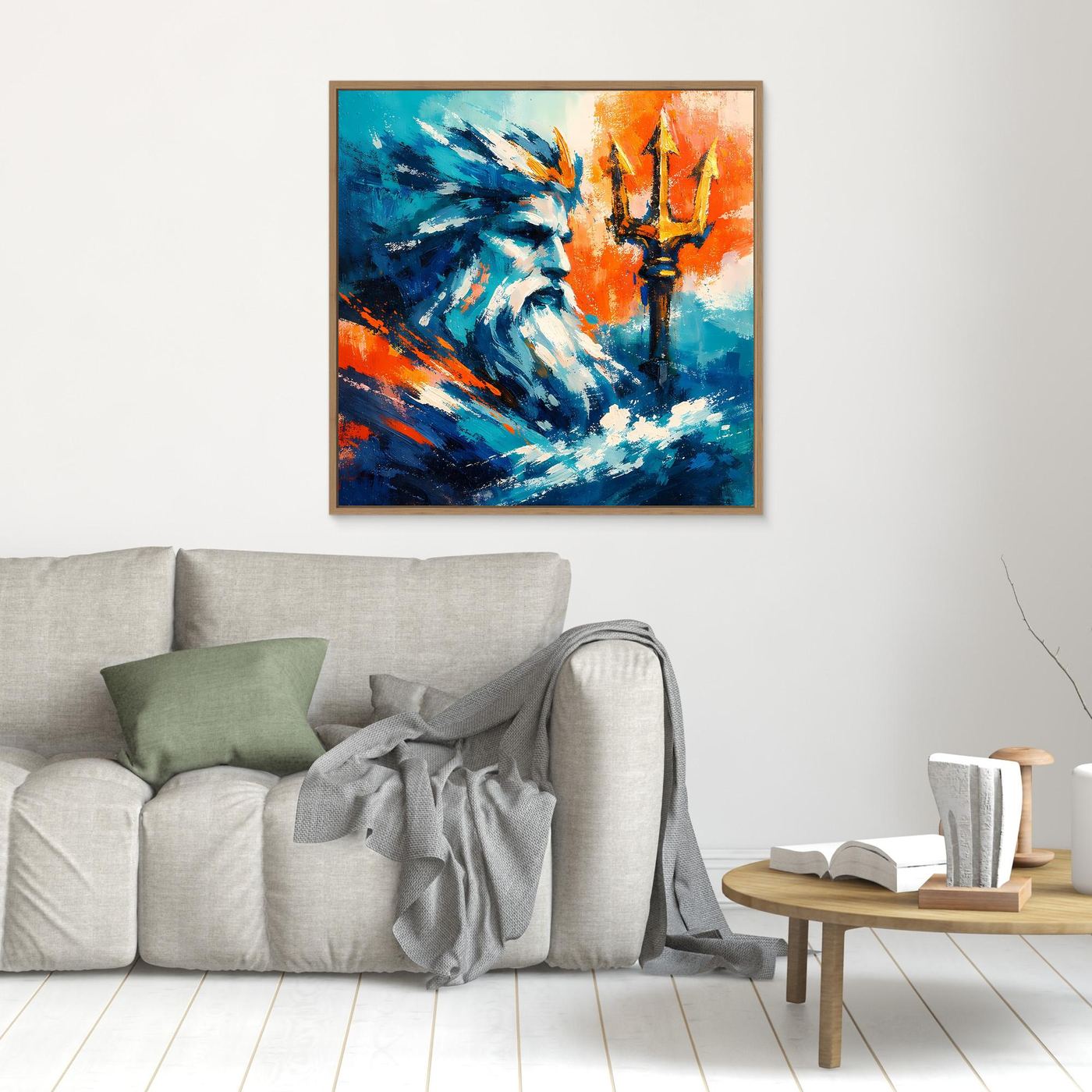 Wood-framed square abstract sea god wall art with blue and orange strokes and trident.