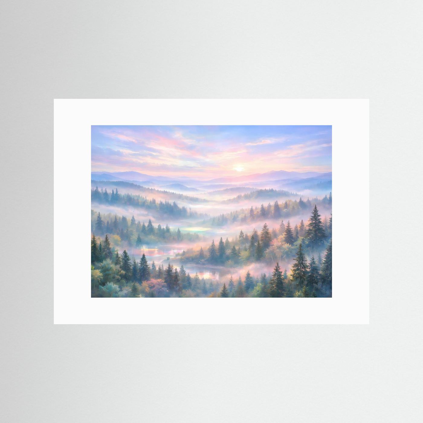 Poster mit Waldlandschaft im Morgendunst, Sonnenaufgang, mit weißem Rand.