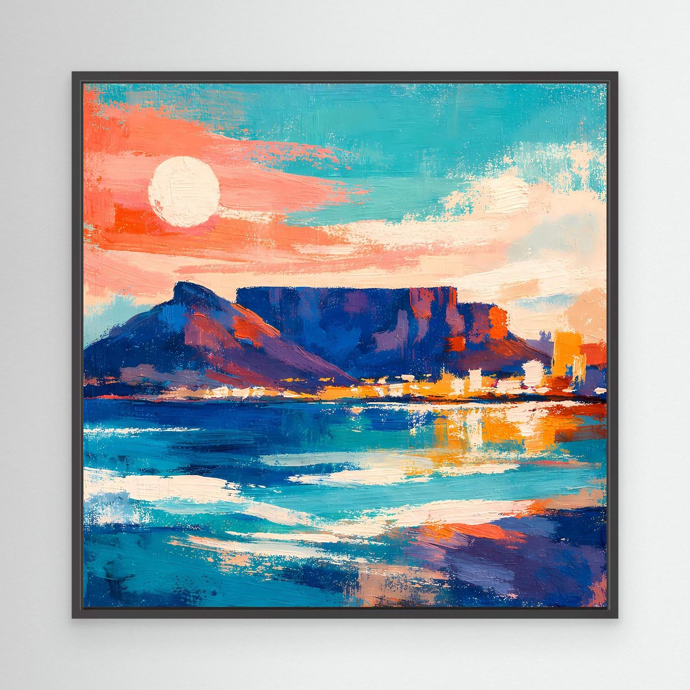 Abstraktes Leinwandbild mit Berg- und Meerszene, Sonne und Skyline im schwarzen Rahmen