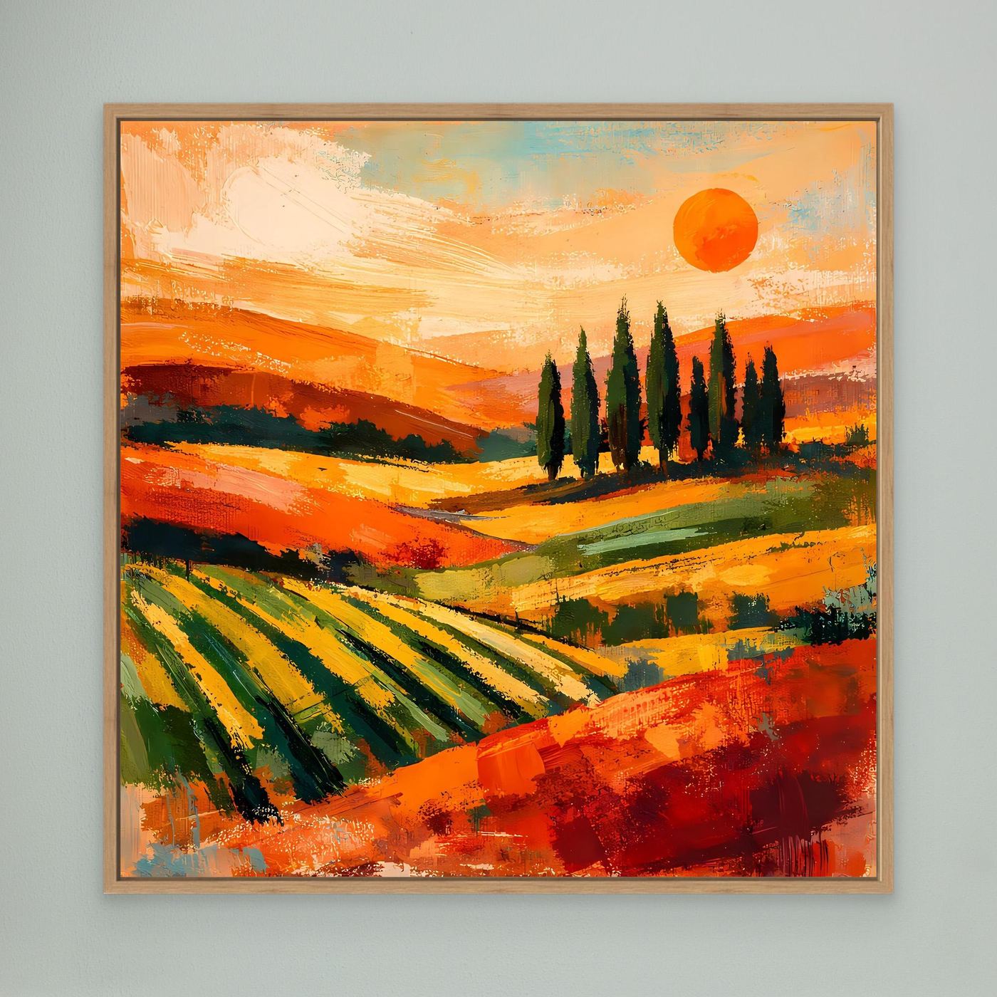 Leinwand-Wandbild mit Zypressen und toskanischer Landschaft, Sonnenuntergang, Eichenrahmen