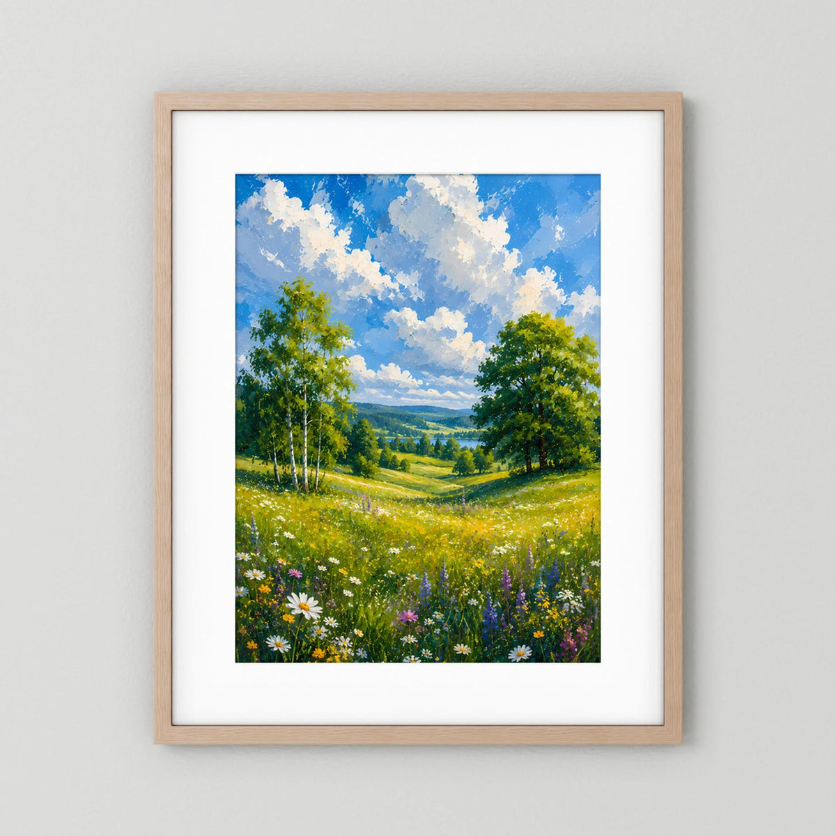 Kunstposter mit hellem Holzrahmen und weißem Rand, Motiv: Sommerwiese mit blühenden Pflanzen.