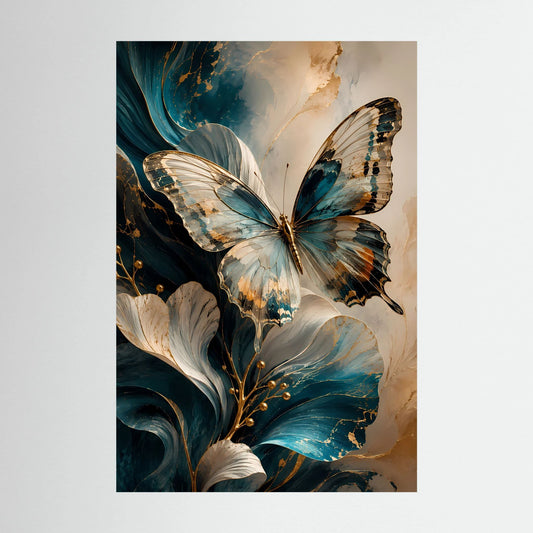 Eleganter Schmetterling in Petrol und Gold | Abstrakte florale Kunst | Poster Hochformat