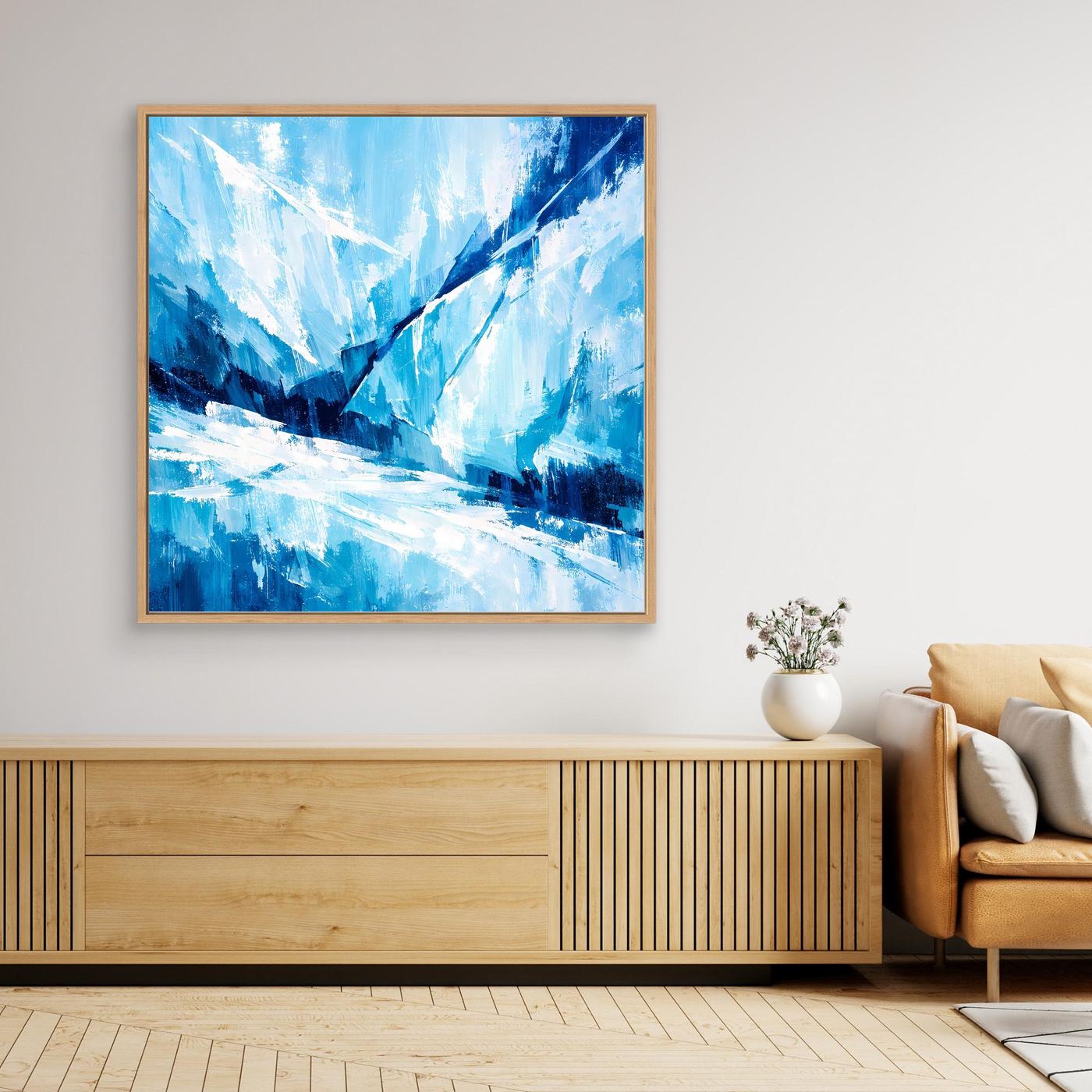 Leinwand-Wandbild mit blauem Eis-Abstract, mit goldfarbenem Rahmen