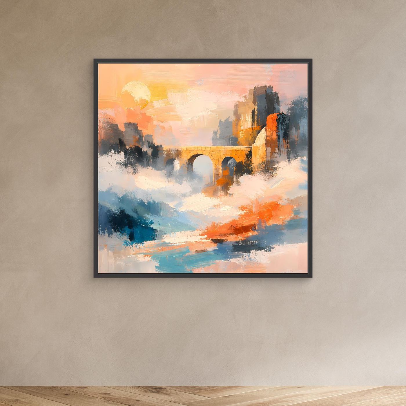 Premium Leinwand Historische Steinbrücke im Nebel | Abstraktes Aquädukt Wandbild im Sonnenaufgang