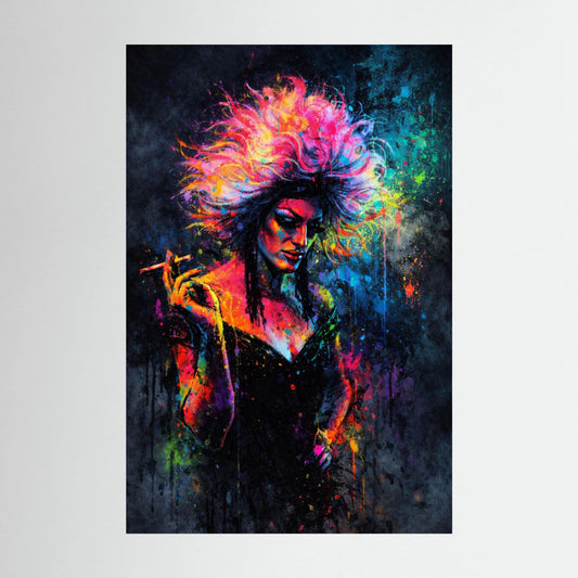 Hochformatiges Poster mit Drag-Queen-Porträt, buntem Haar und Zigarettenmotiv im Neon-Graffiti-Stil