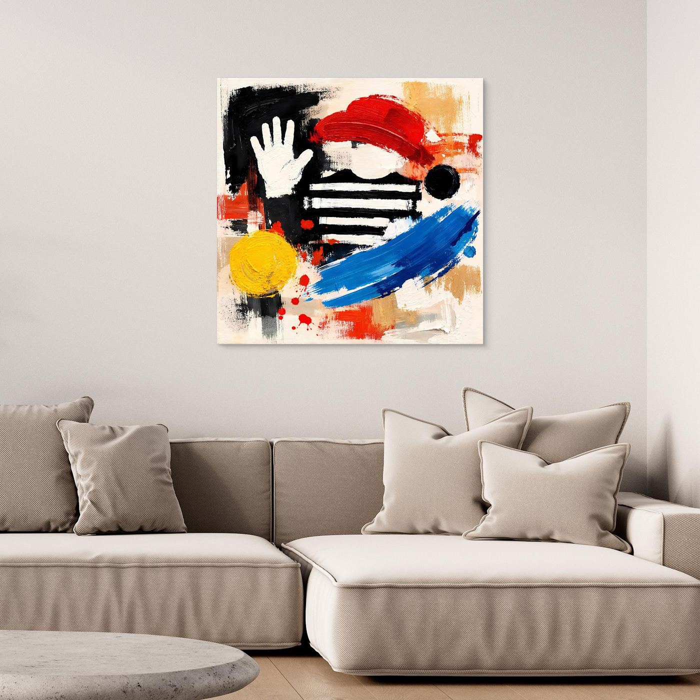 Abstract pop art canvas wall print with hand and stripes in red, blue, yellow, no frame