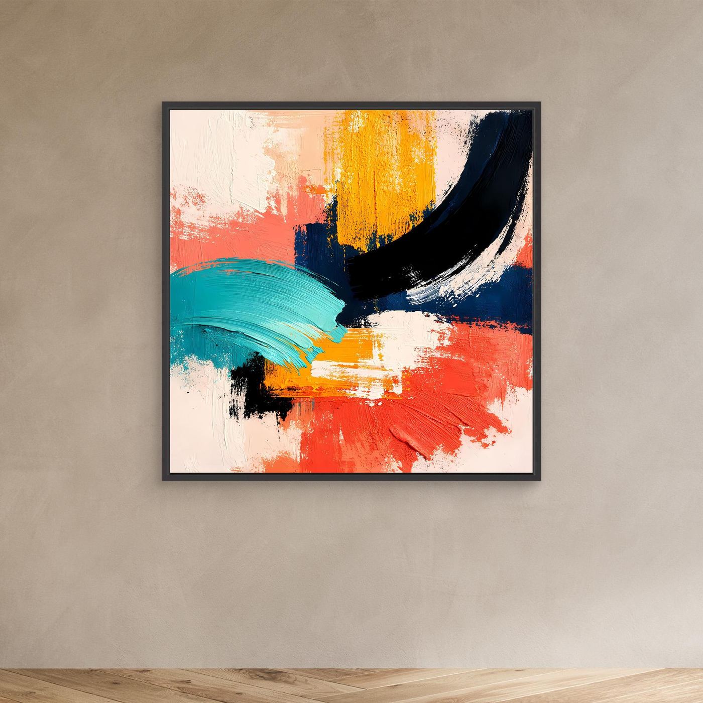 Abstract canvas wall art with black frame and coral, yellow, teal, navy, and black brush strokes.