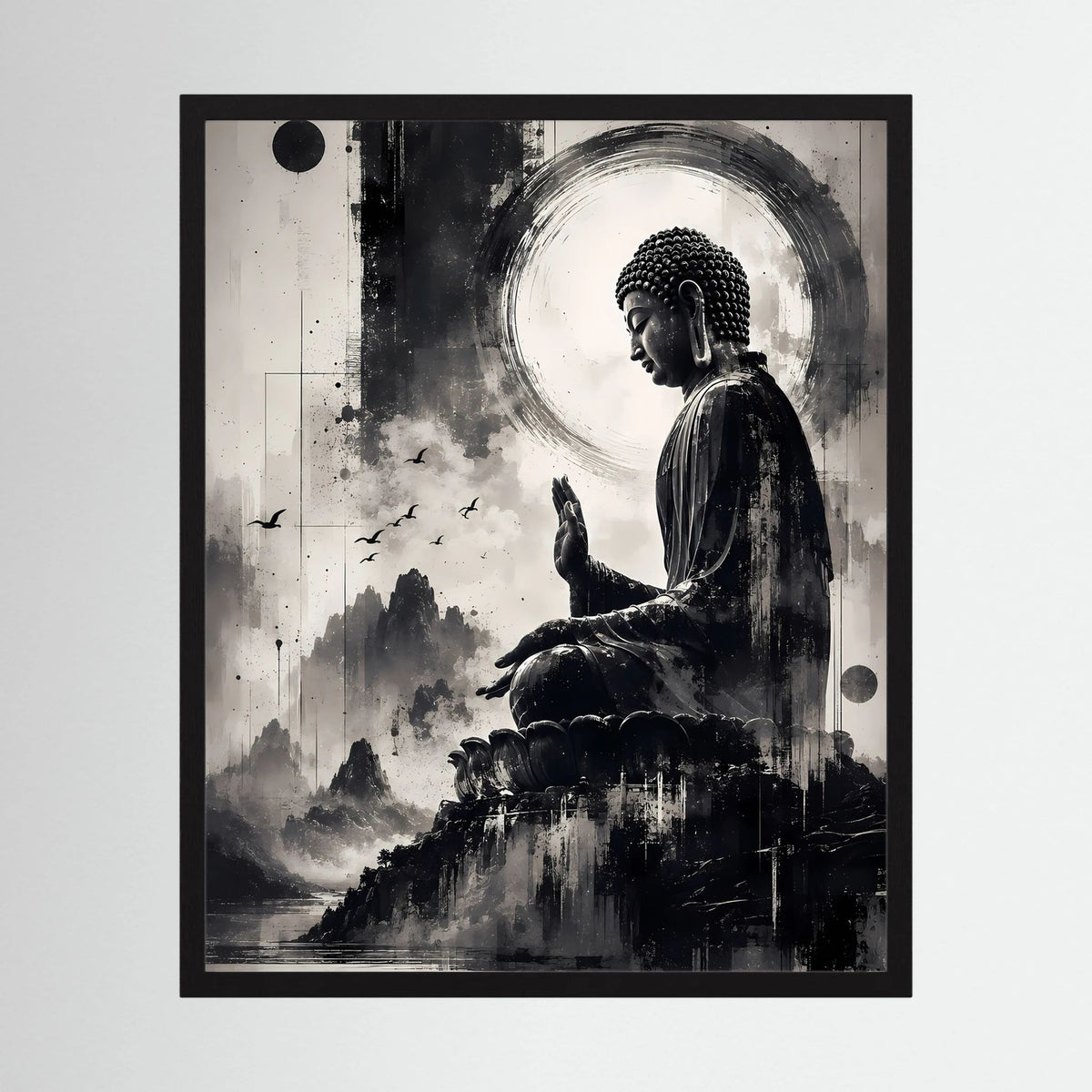 Gerahmtes Schwarzweiß-Buddha-Zen-Poster im Hochformat mit Meditationsfigur und Landschaft