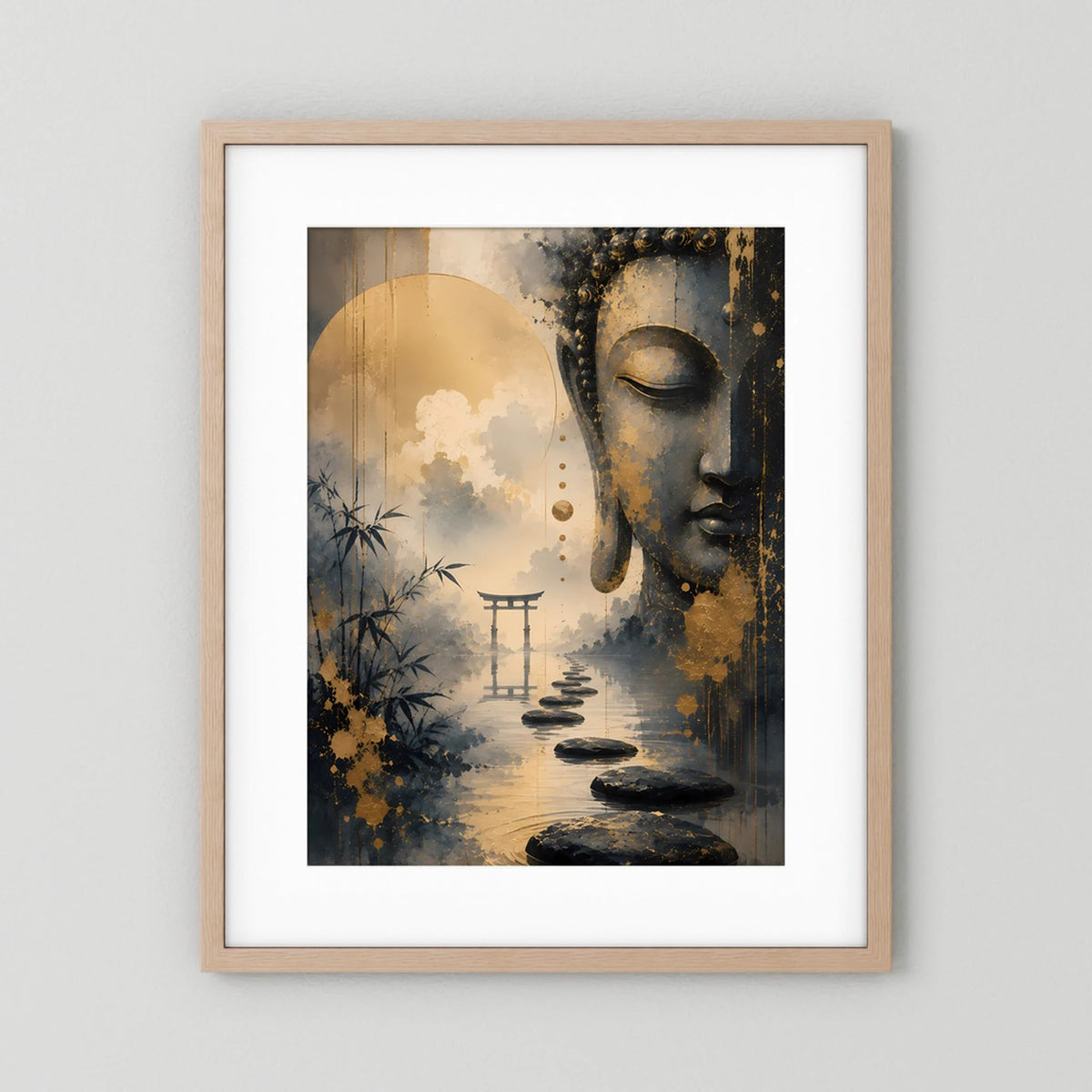 Poster im Hochformat mit Buddha-Gesicht in Gold- und Schwarztönen, helles Holzrahmen-Set