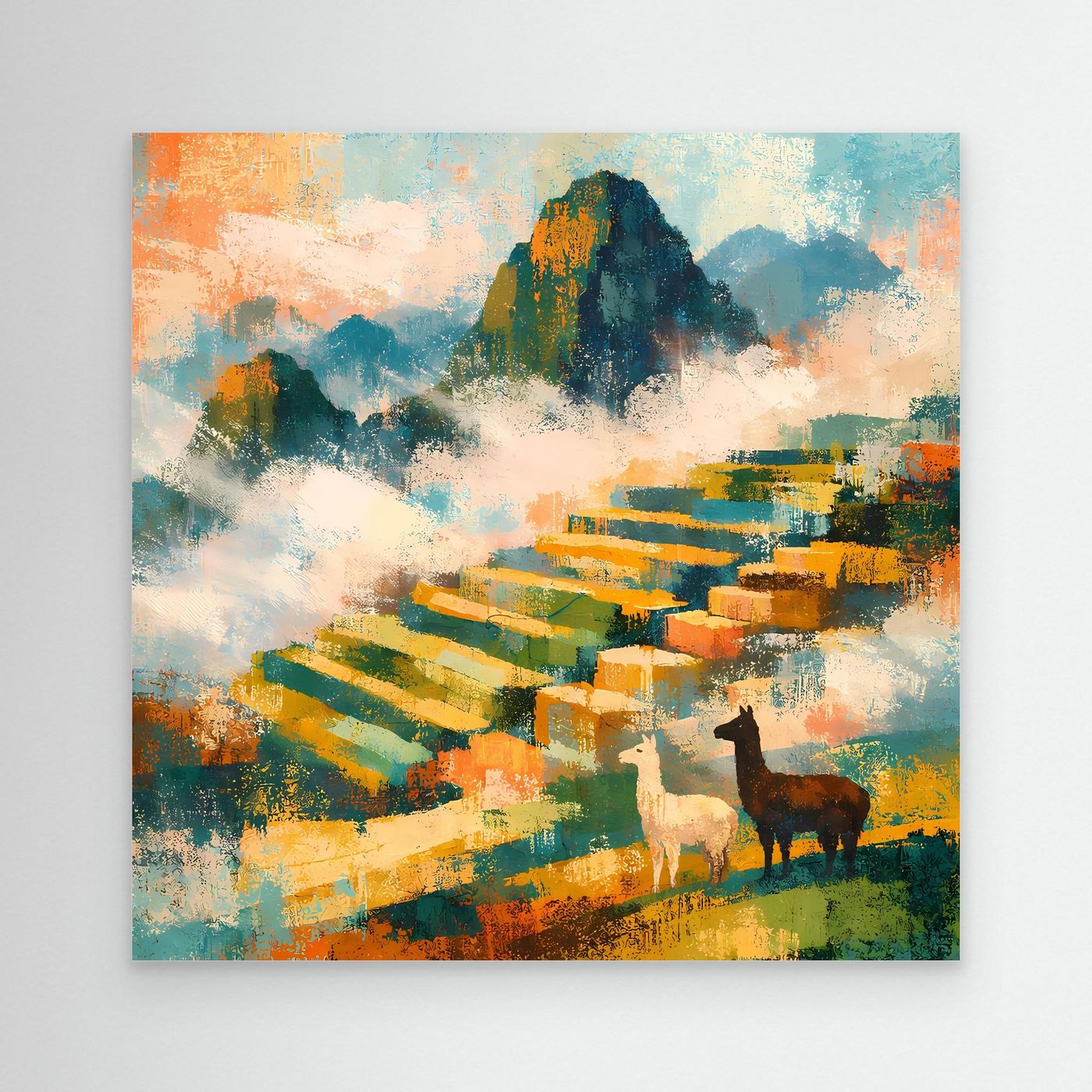 Leinwand-Wandbild mit abstrakter Landschaft, farbigen Terrassen und zwei Alpakas