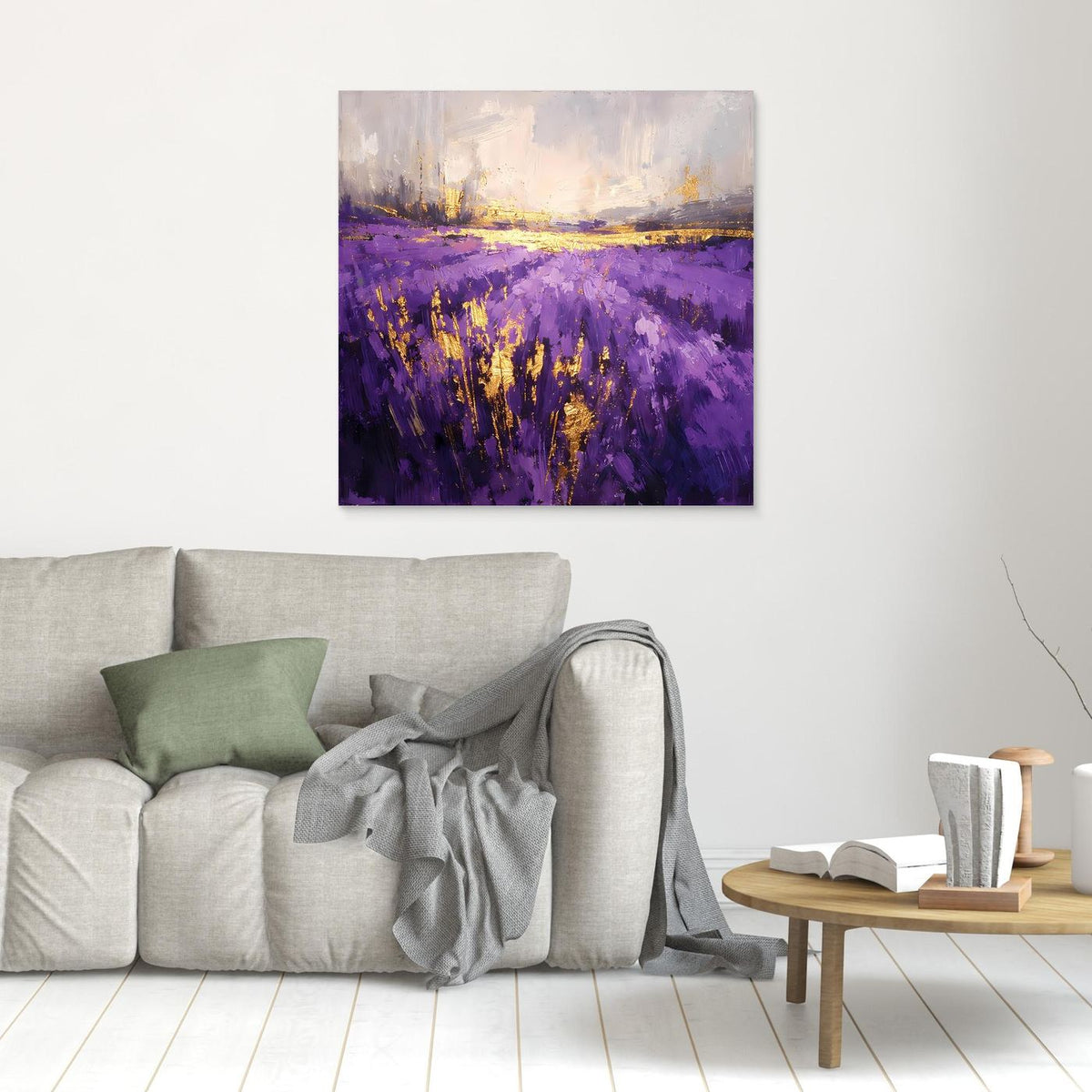 Leinwandbild Lavendelfeld abstrakt in Violett mit goldenen Akzenten, ohne Rahmen, klein