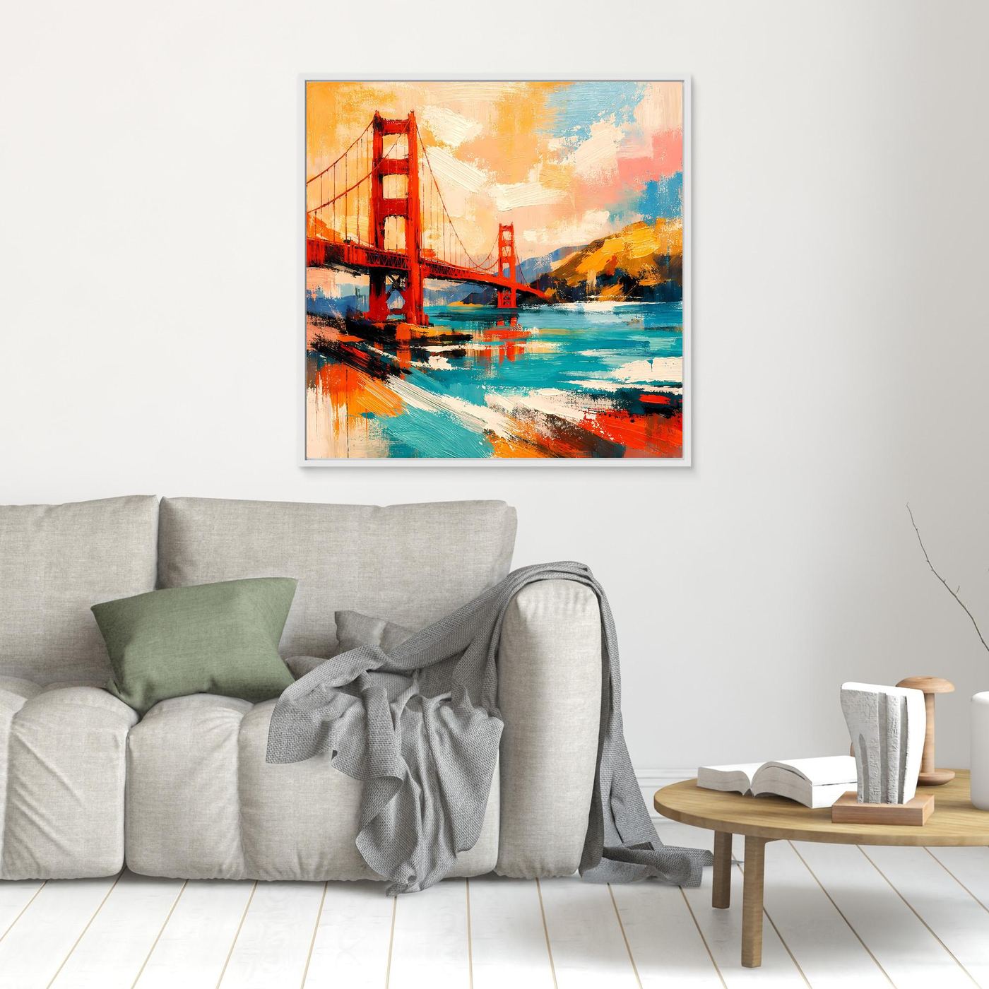 Silver-framed abstract bridge wall art with red tower and teal-and-orange brush strokes
