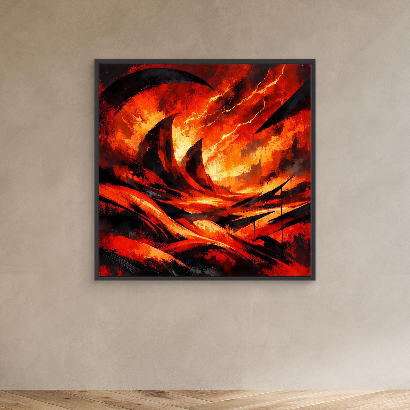 Kleines abstraktes Lava-Wandbild im schwarzen Rahmen, rot-orange, schwarze Blitzlinien
