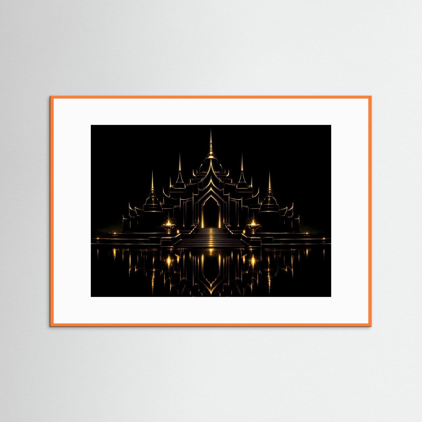 Poster mit goldener Tempelanlage, dunkle Nachtansicht, orangefarbener Außenrahmen