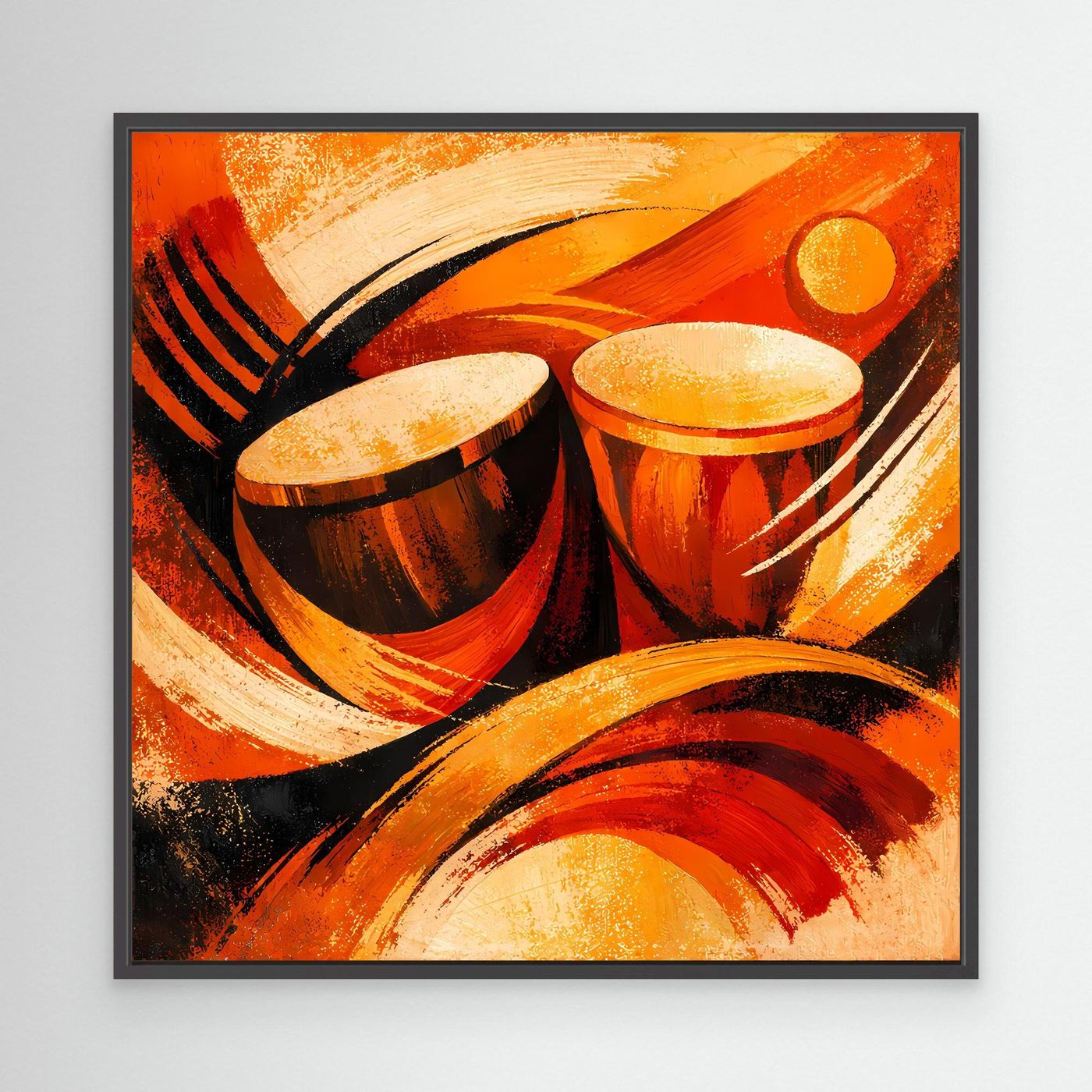 Leinwandbild mit schwarzem Rahmen, abstrakte Trommeln in Orange, Schwarz und Creme
