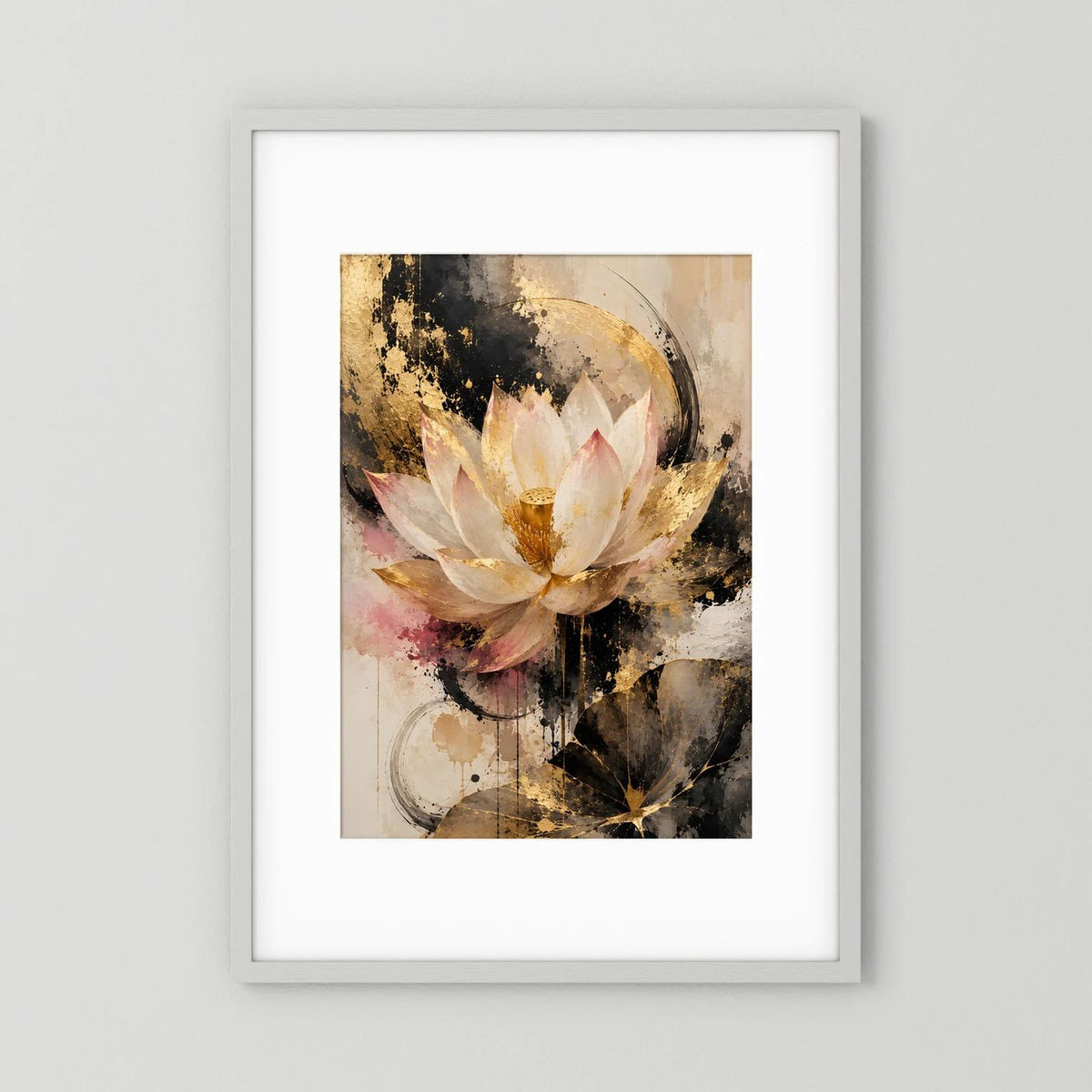 Poster mit abstrakter Lotusblume in Gold- und Cremefarben, im weißen Rahmen.