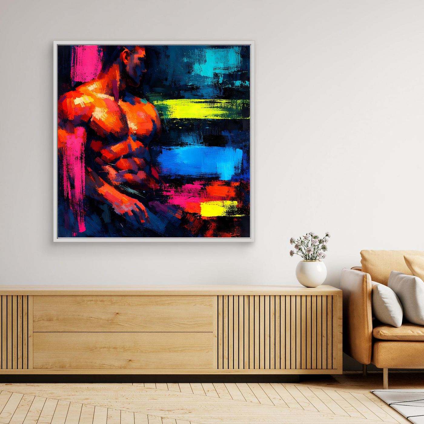 Leinwandbild Abstrakter Männlicher Torso | Moderner Neon-Kunst Wandbild auf echtem Holzkeilrahmen