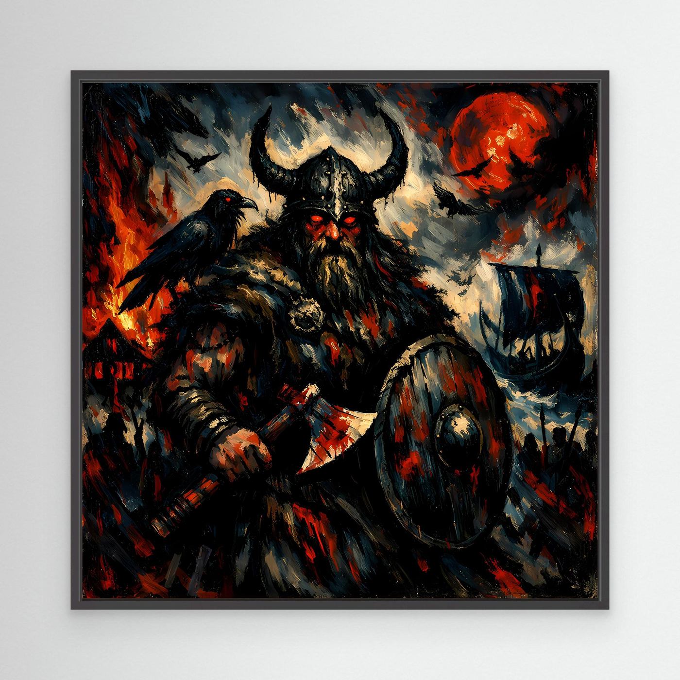 Leinwand Düsterer Wikinger-Krieger unter dem Blutmond | Expressives Nordmann Wandbild