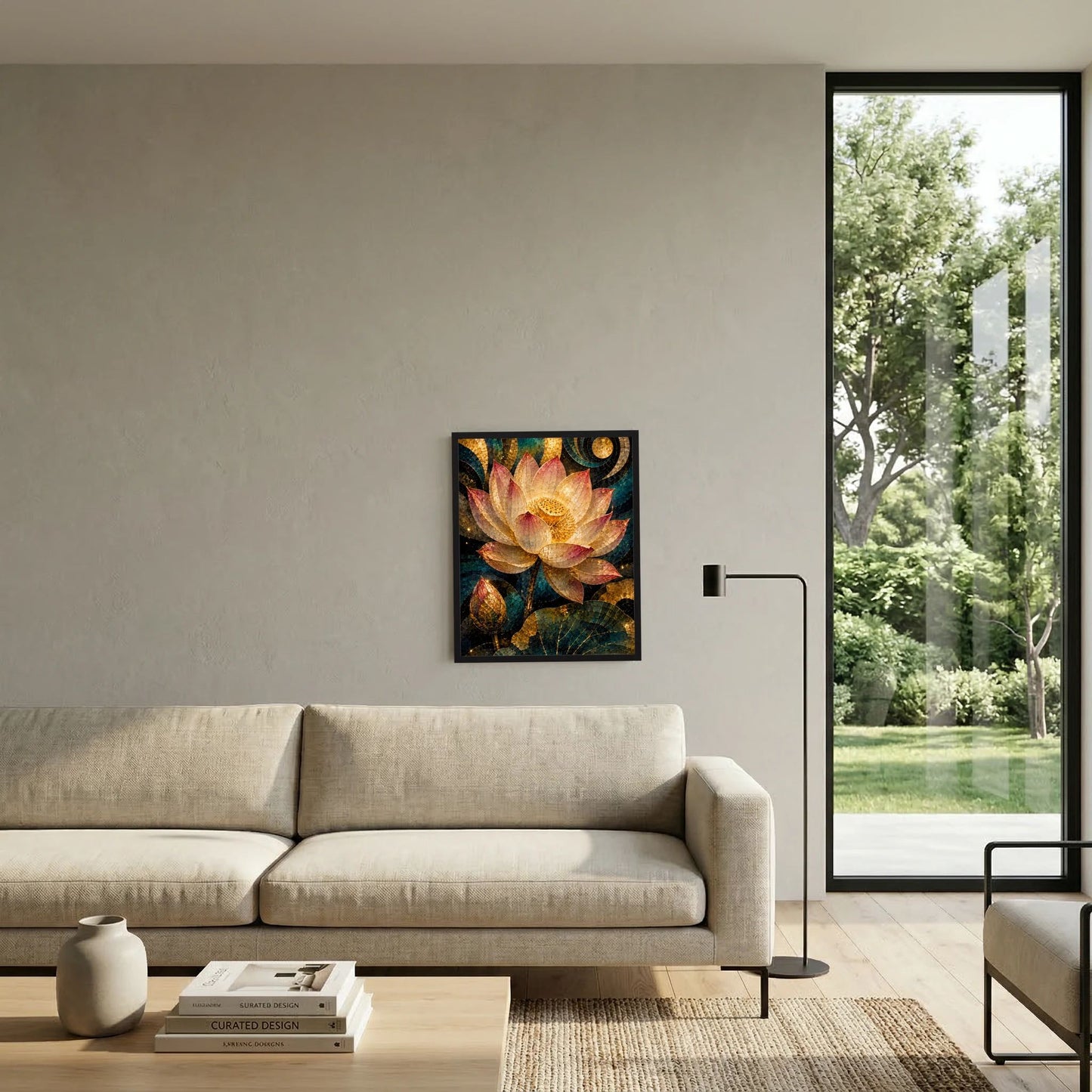 Gerahmtes Poster mit goldener Lotusblüte im Mosaik, Schwarzrahmen an Wand