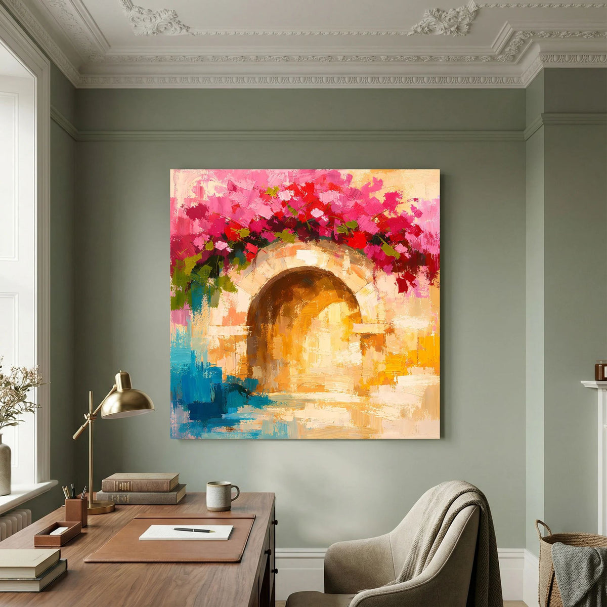 Leinwand-Wandbild mit Torbogen und dichtem Bougainvillea-Blütenkranz in Pink, Holzrahmen